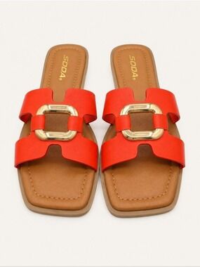 SODA FENG-S Orange Gold Buckle Square Toe Slide Sandals Size 7 NWT Resort Summer